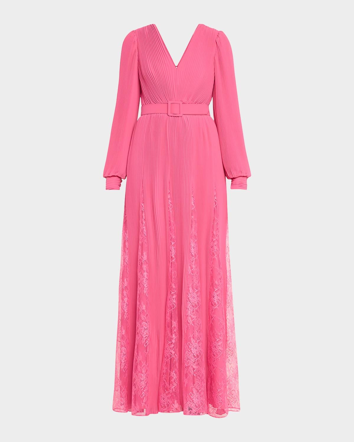 pleated lace-inset godet gown