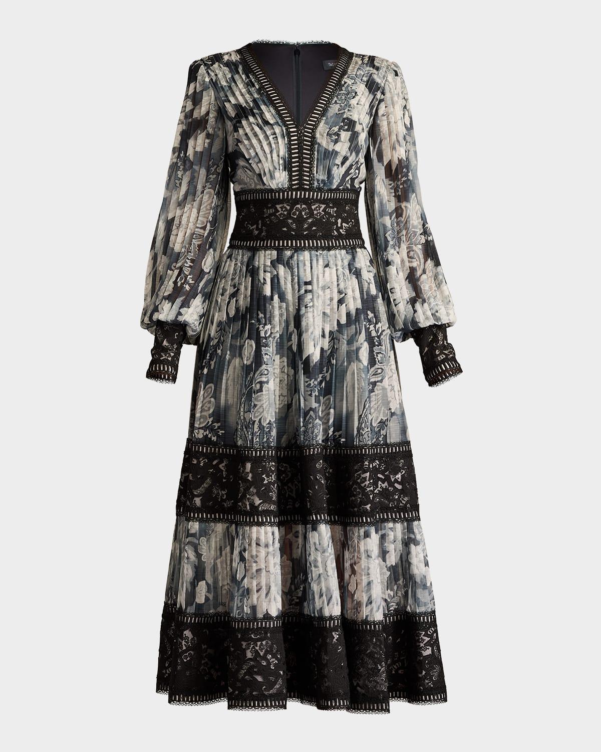 pleated lace tiered floral-print midi dress