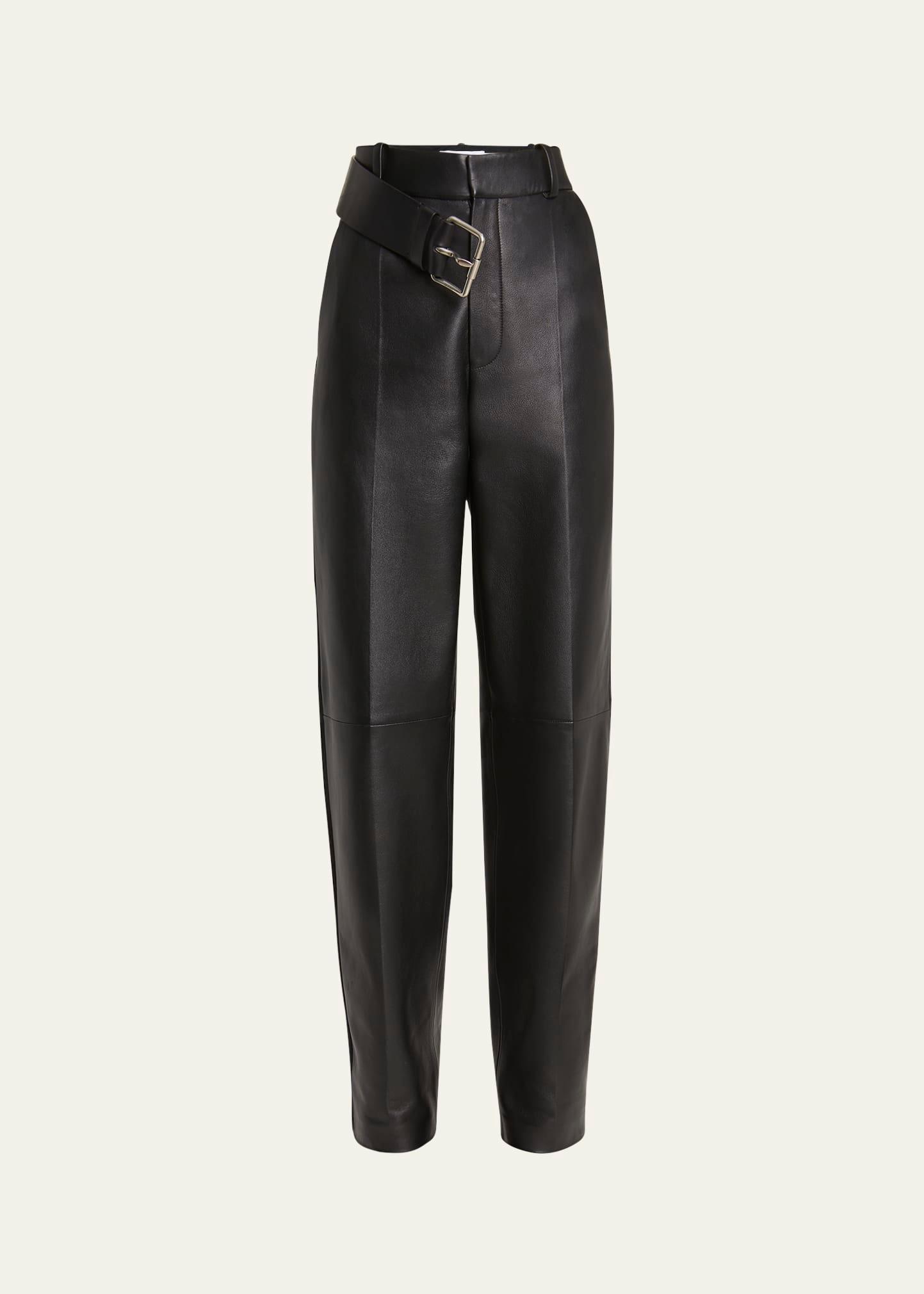 pleated leather buckle detail trousers