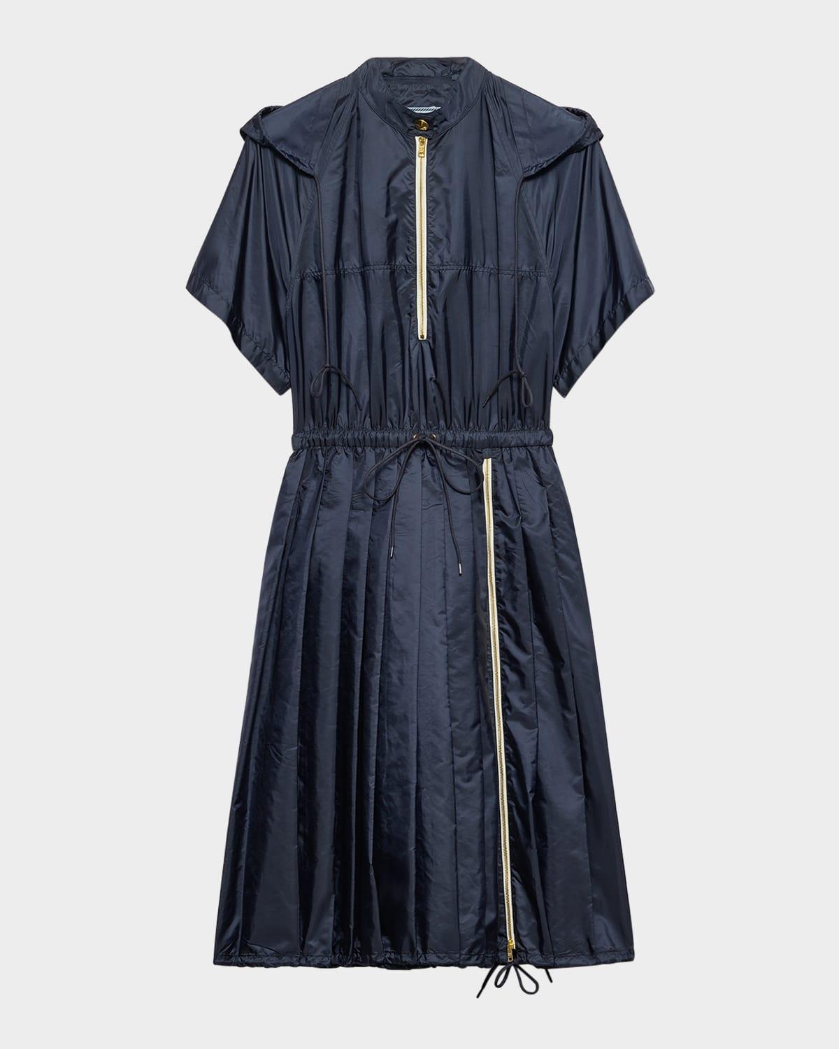 pleated light re-nylon zip hooded midi dress