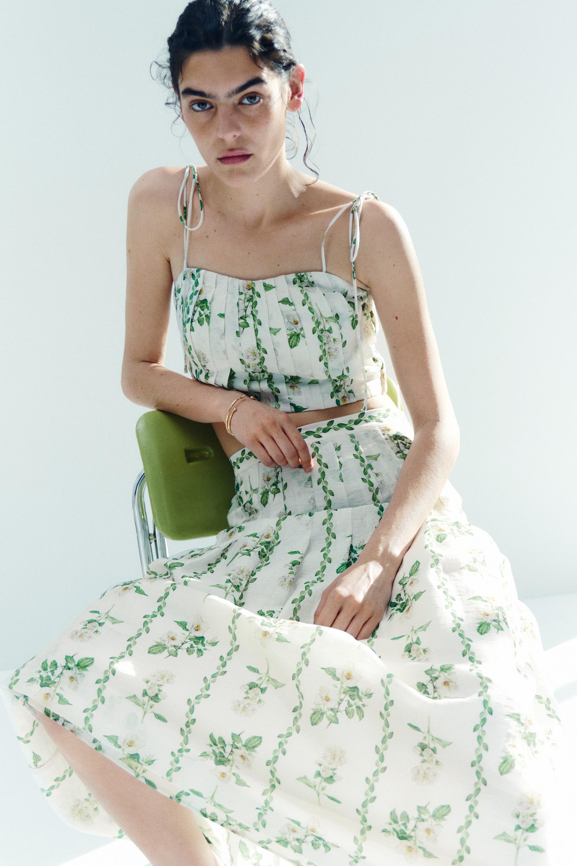 pleated linen-blend crop top