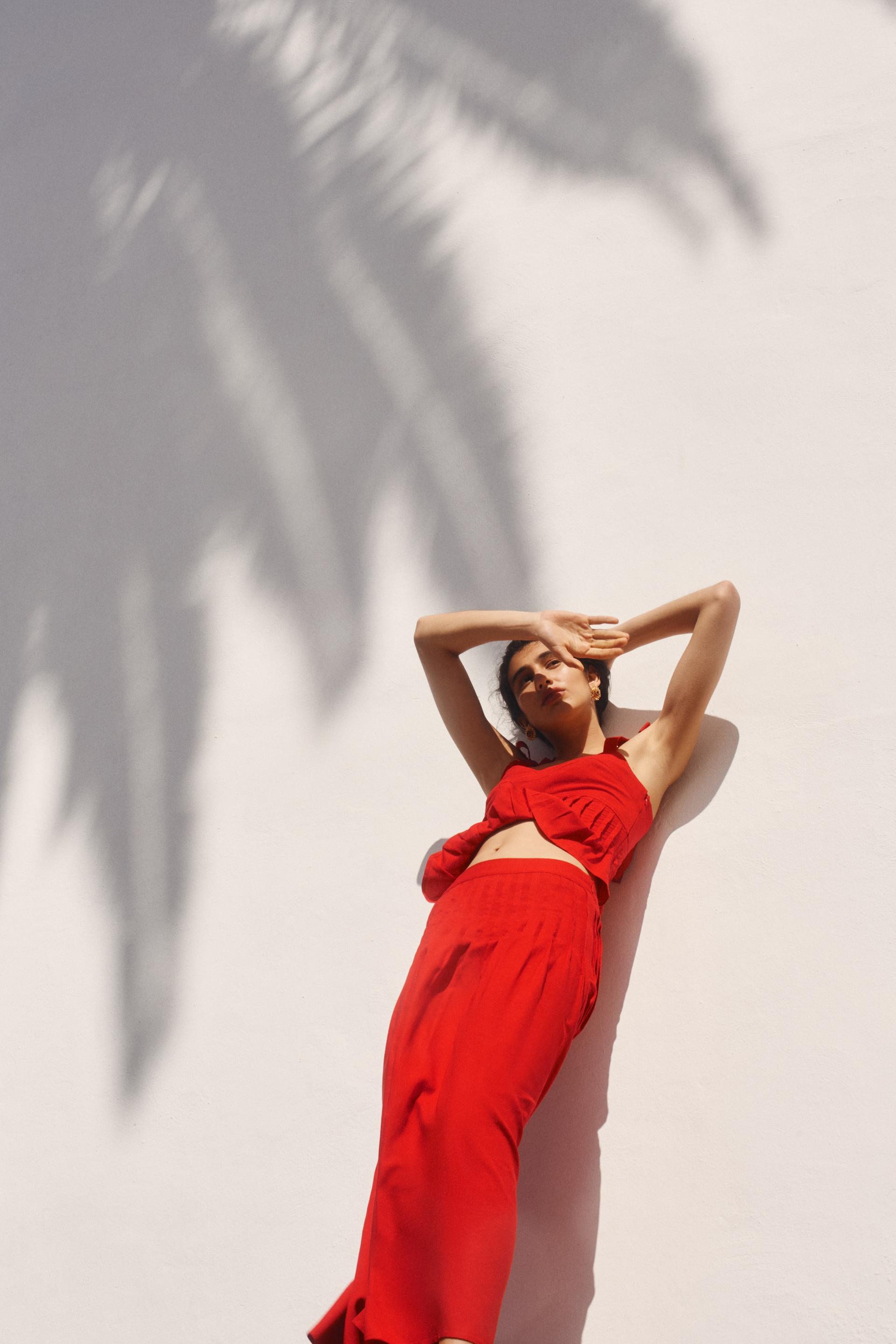 pleated linen-blend skirt