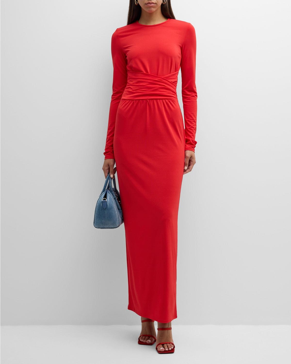 pleated long-sleeve jersey column gown