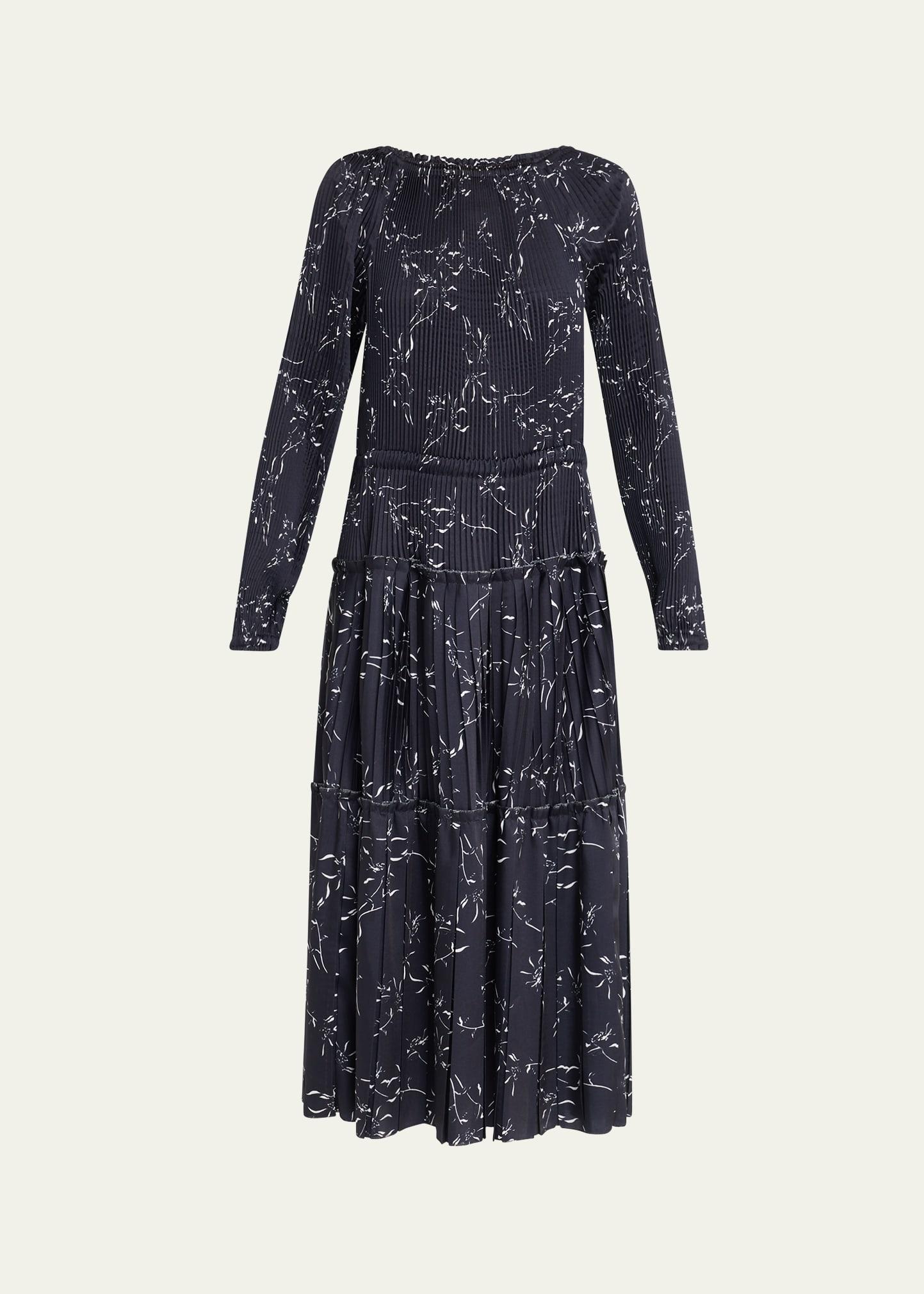 pleated long-sleeve midi dress