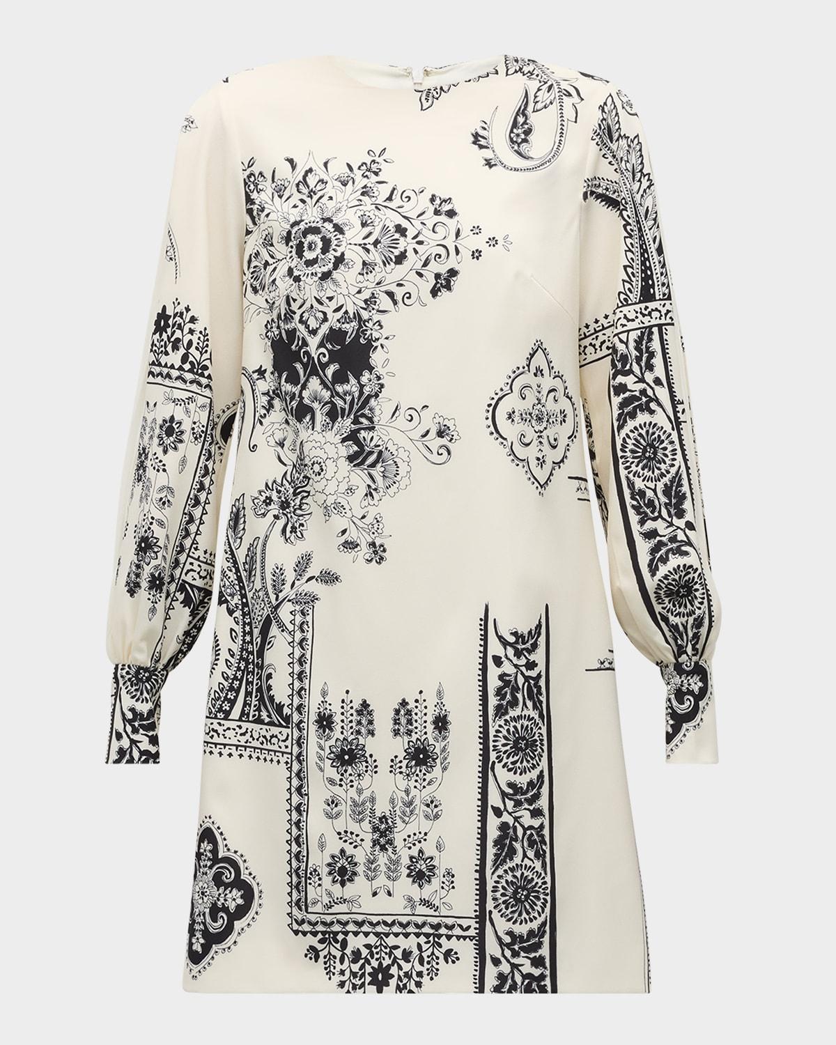 pleated long-sleeve mini shift dress