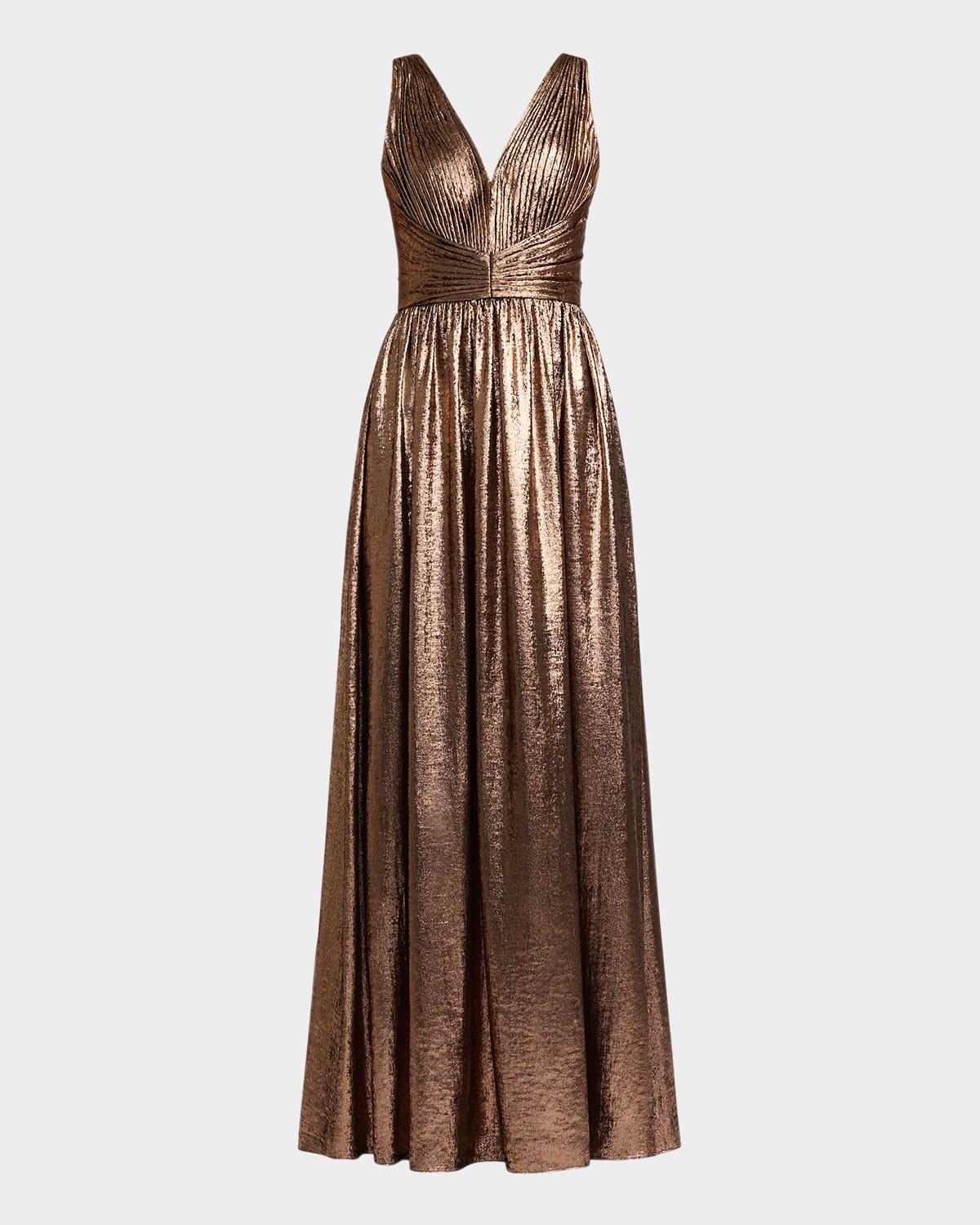 pleated metallic georgette gown