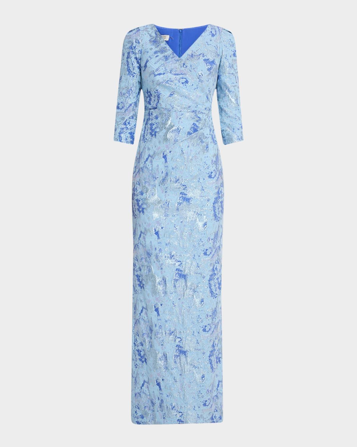 pleated metallic jacquard column gown