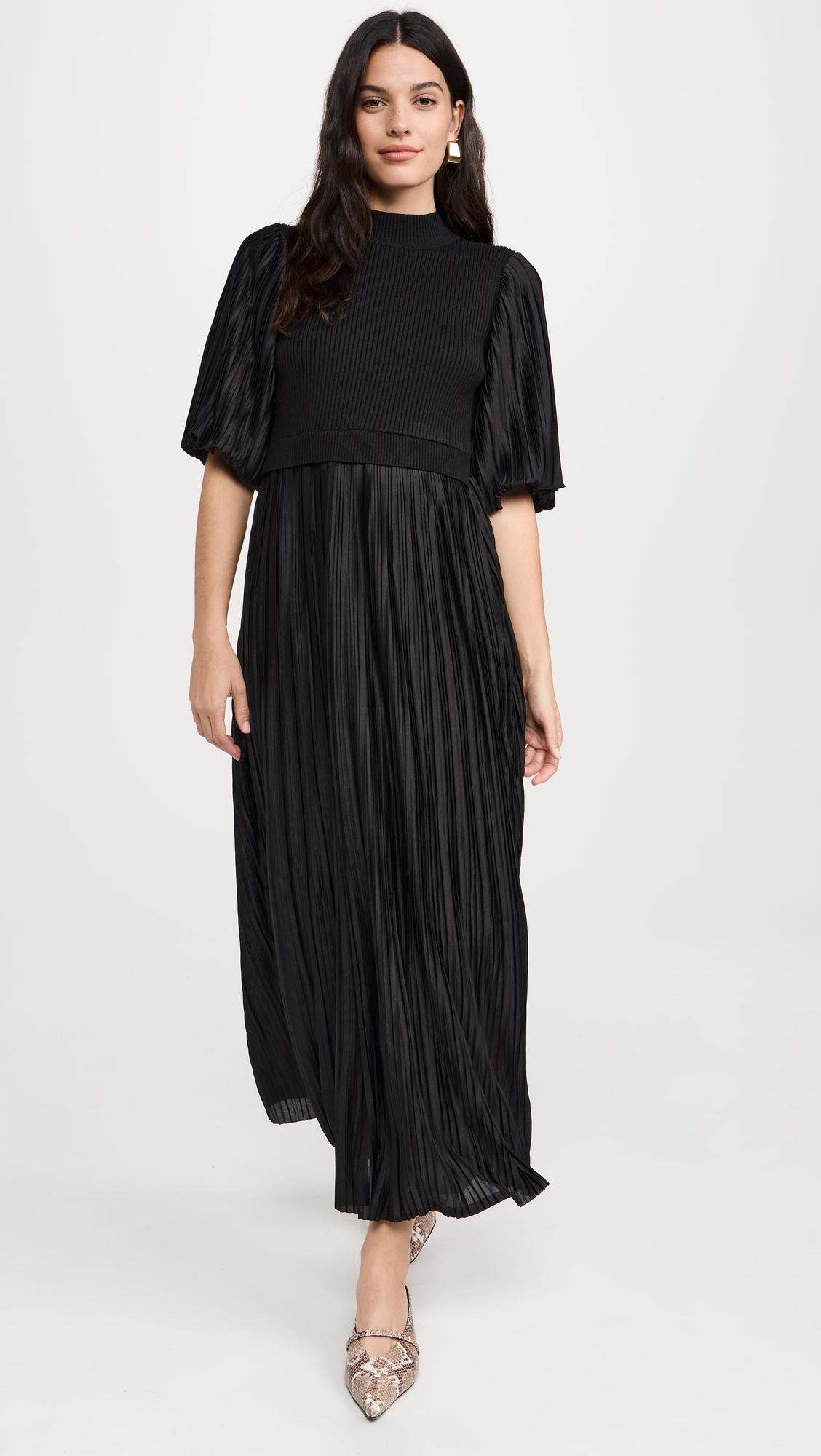 pleated mix media maxi dress