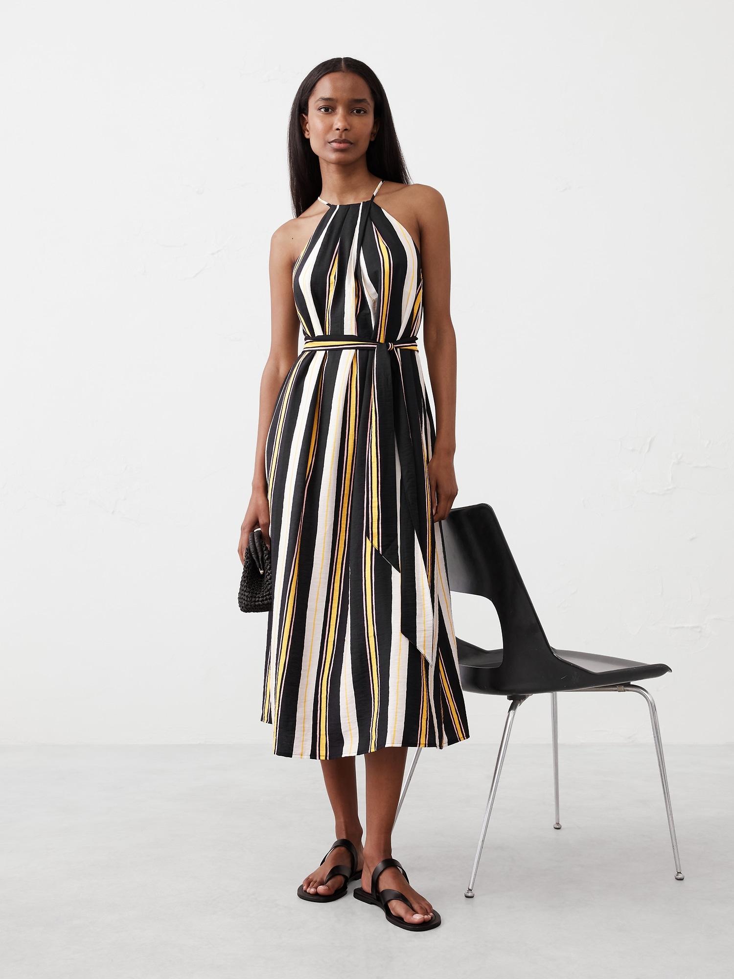 pleated-neck midi dress