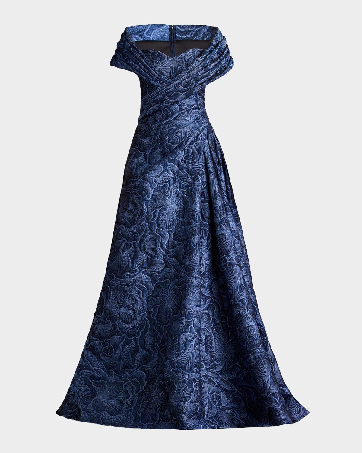 pleated off-shoulder floral jacquard gown