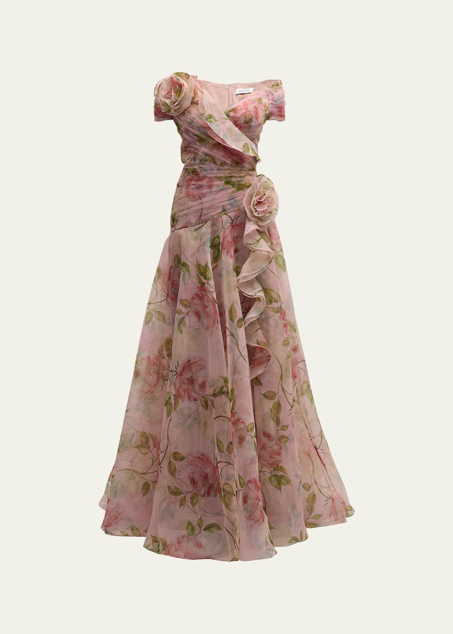 pleated off-shoulder floral-print organza gown