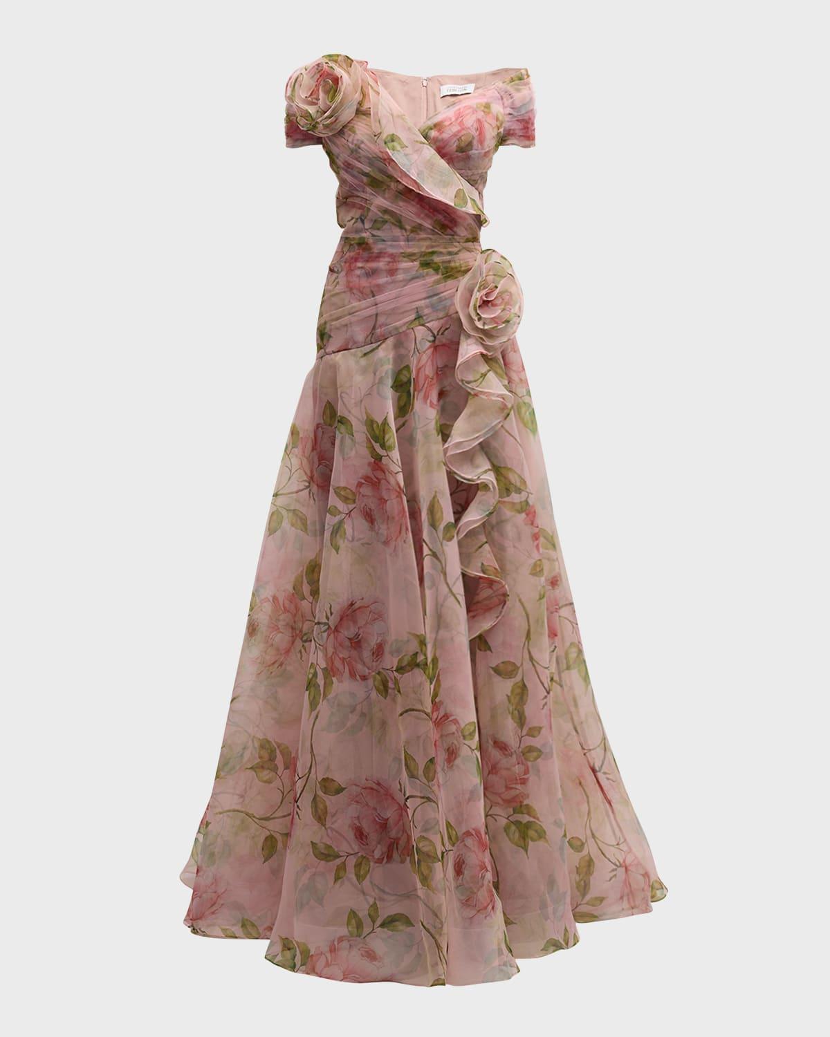 pleated off-shoulder floral-print organza gown