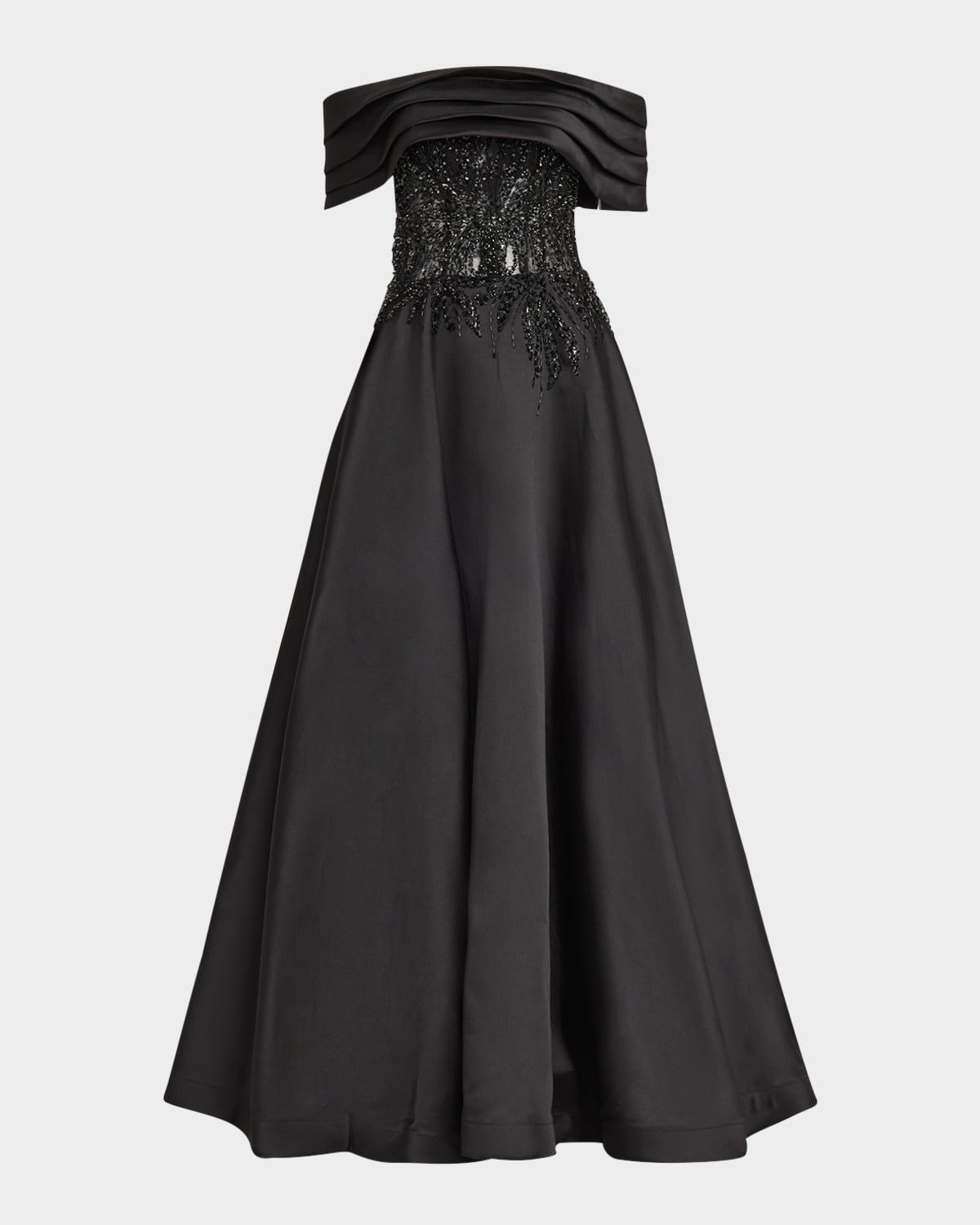 pleated off-shoulder lace-embellished gown