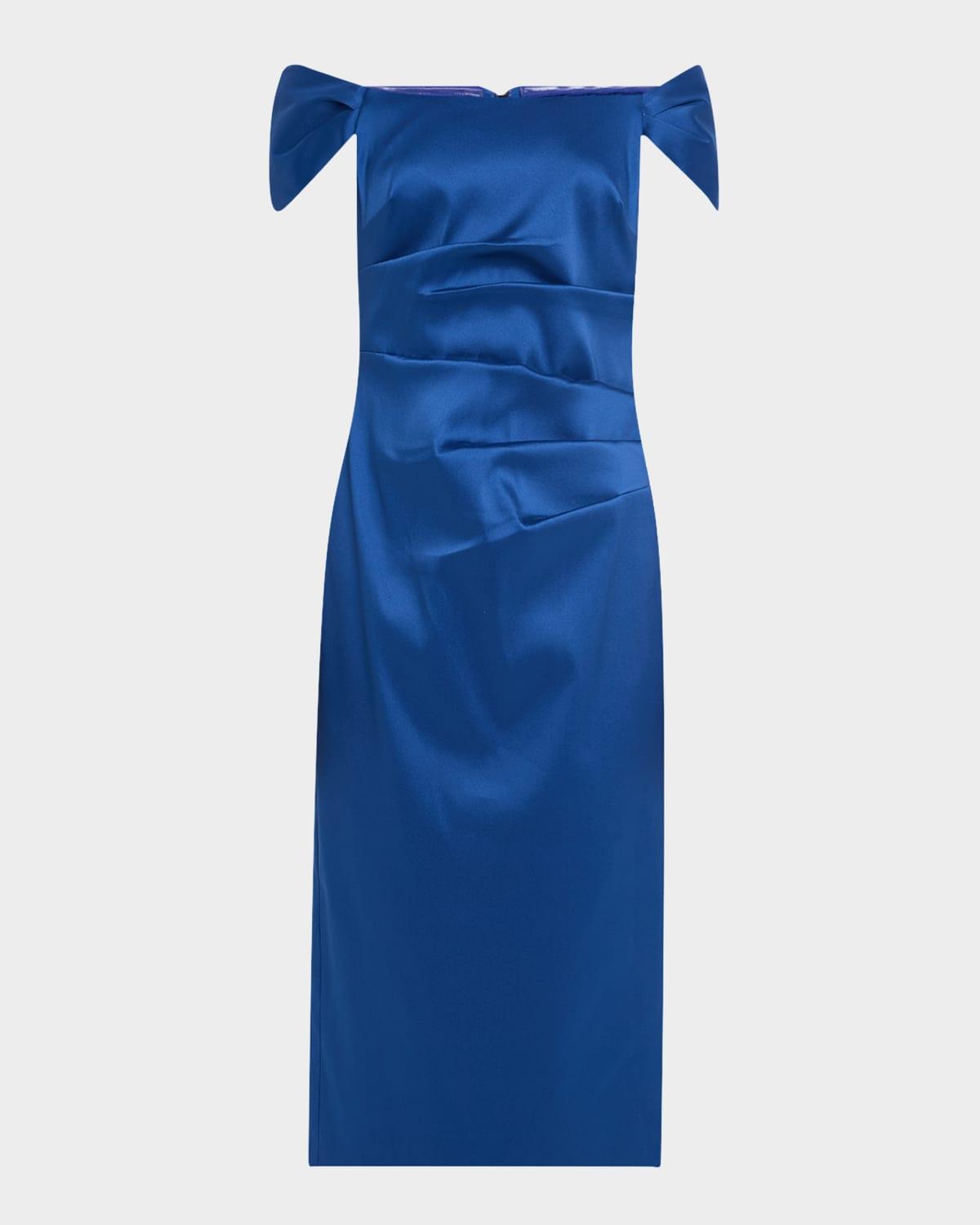 pleated off-shoulder mikado midi dress