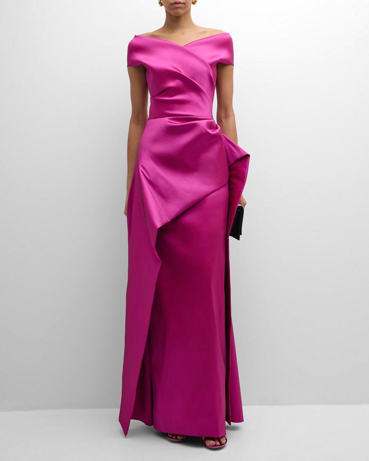 pleated off-shoulder peplum gown