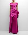 pleated off-shoulder peplum gown