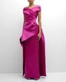 pleated off-shoulder peplum gown