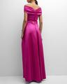 pleated off-shoulder peplum gown