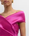 pleated off-shoulder peplum gown