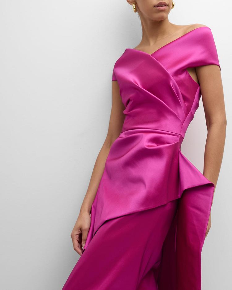 pleated off-shoulder peplum gown