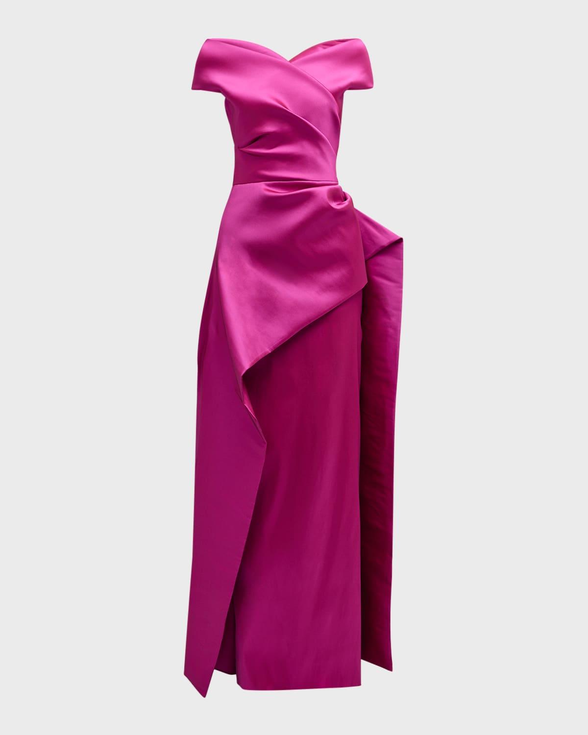 pleated off-shoulder peplum gown