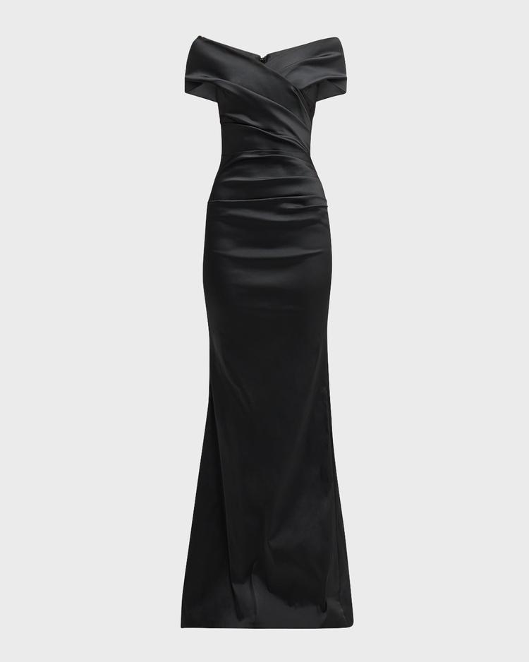 pleated off-shoulder satin column gown
