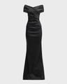pleated off-shoulder satin column gown