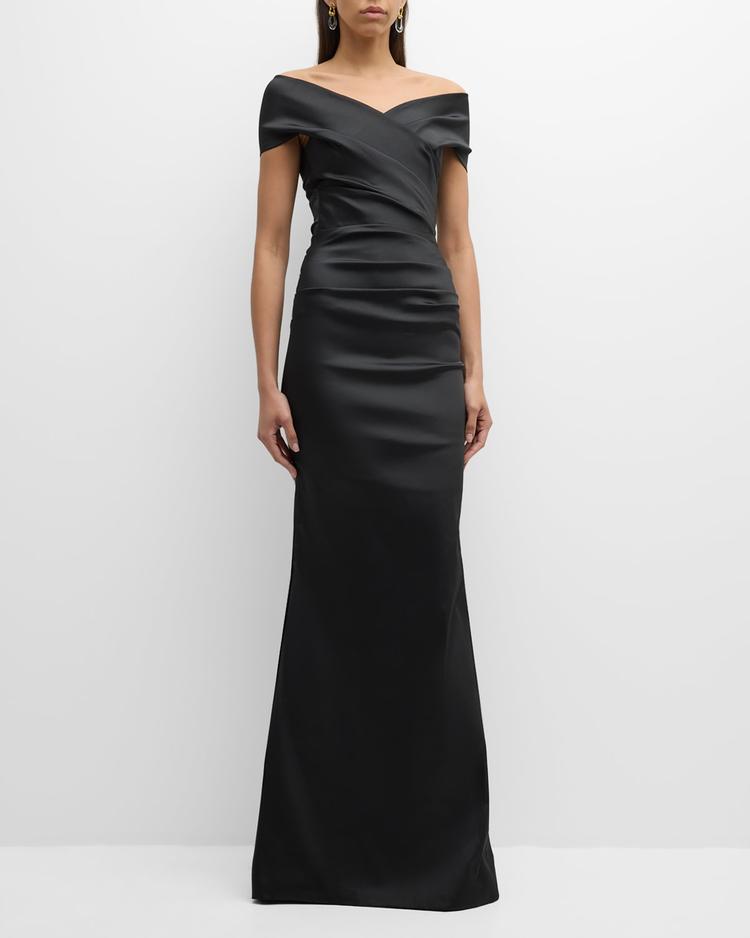 pleated off-shoulder satin column gown