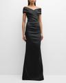 pleated off-shoulder satin column gown