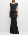 pleated off-shoulder satin column gown