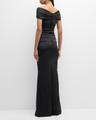 pleated off-shoulder satin column gown