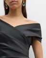 pleated off-shoulder satin column gown