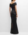 pleated off-shoulder satin column gown