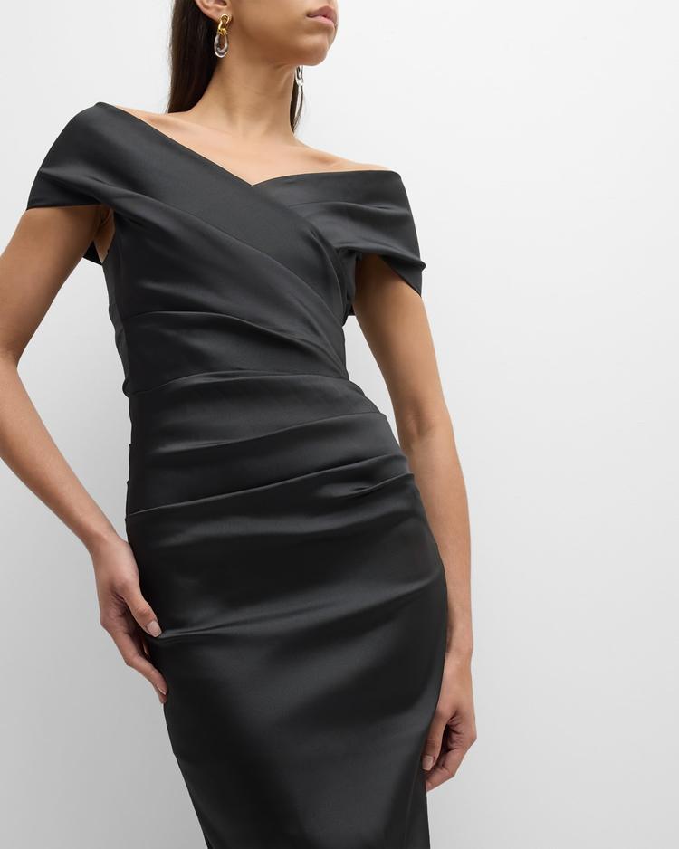pleated off-shoulder satin column gown
