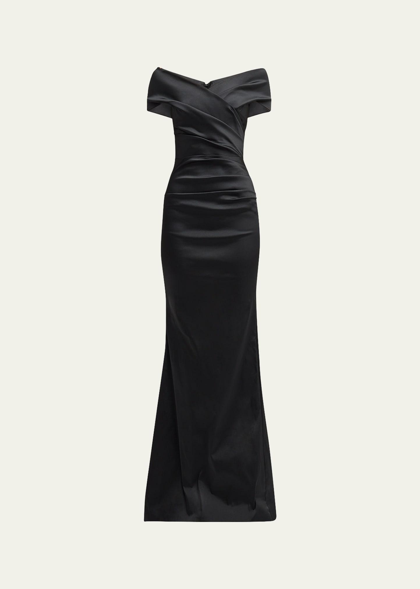 pleated off-shoulder satin column gown