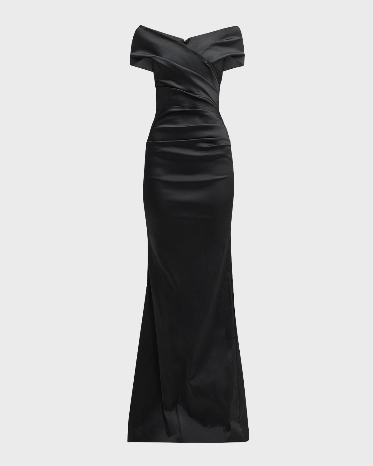 pleated off-shoulder satin column gown
