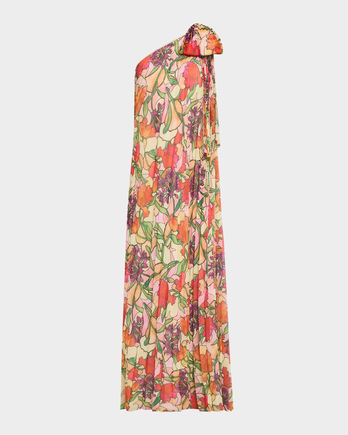 pleated one-shoulder bow gown