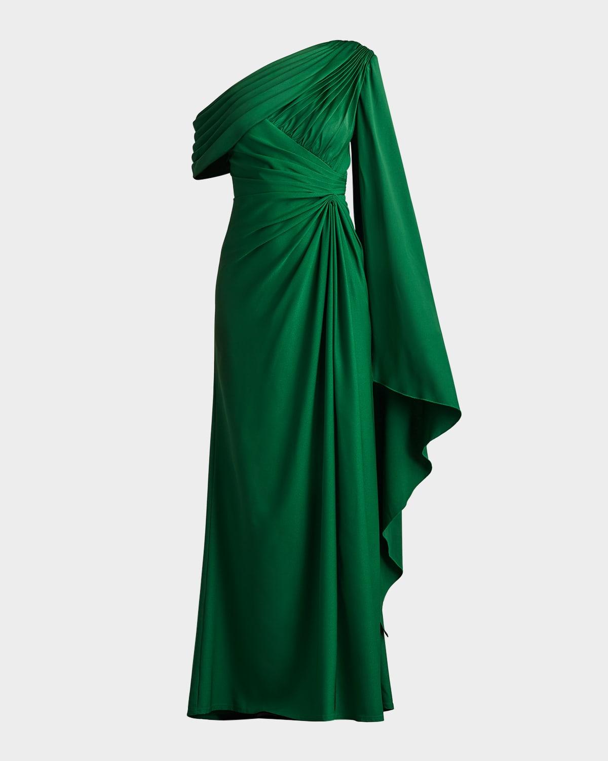 pleated one-shoulder cape gown