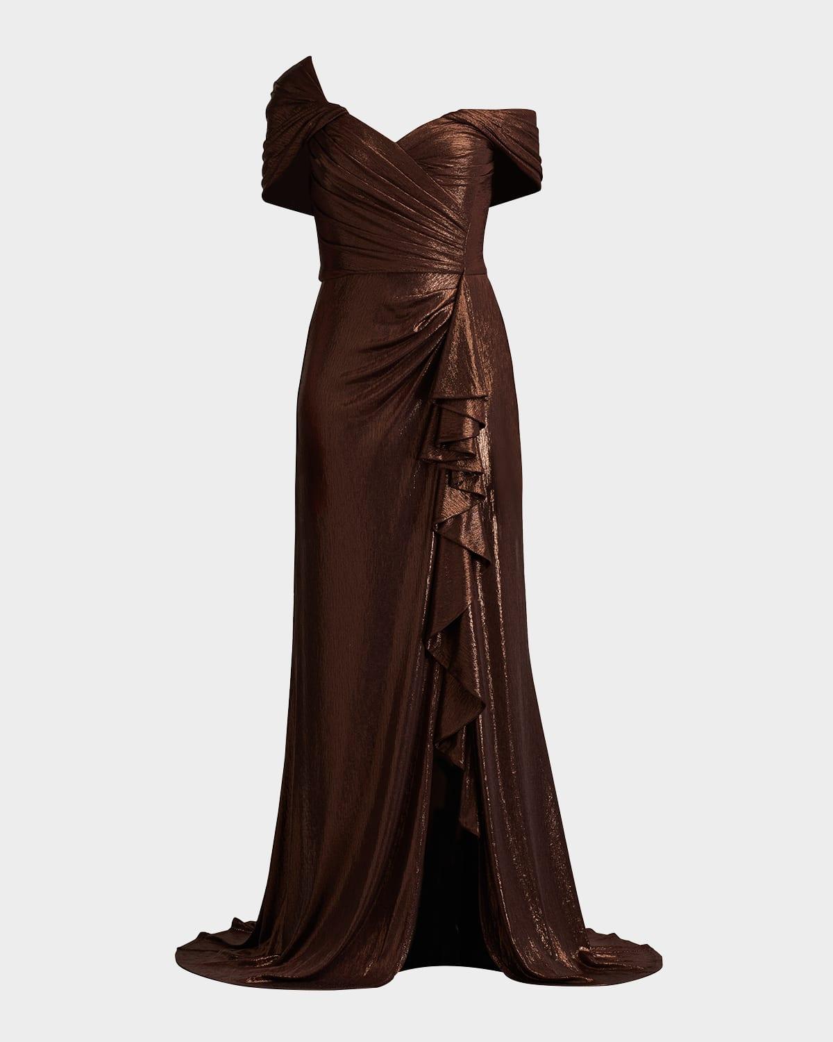 pleated one-shoulder metallic gown