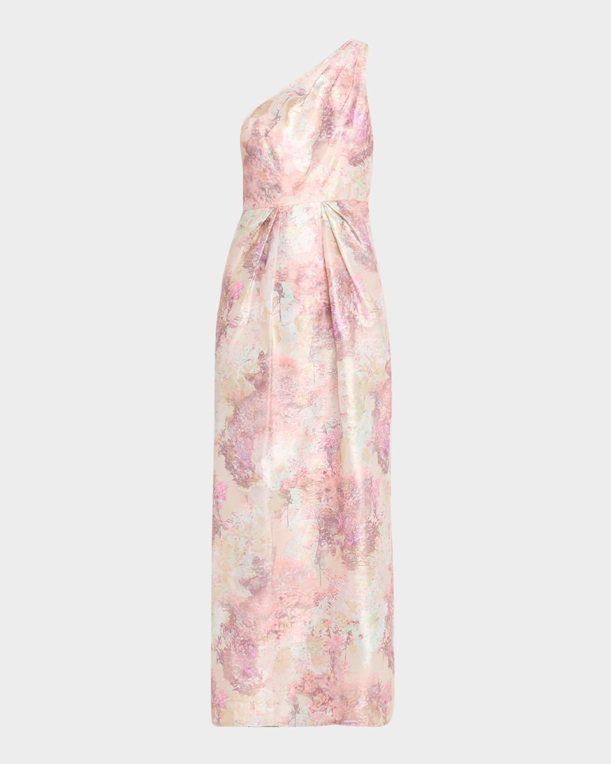 pleated one-shoulder metallic jacquard gown