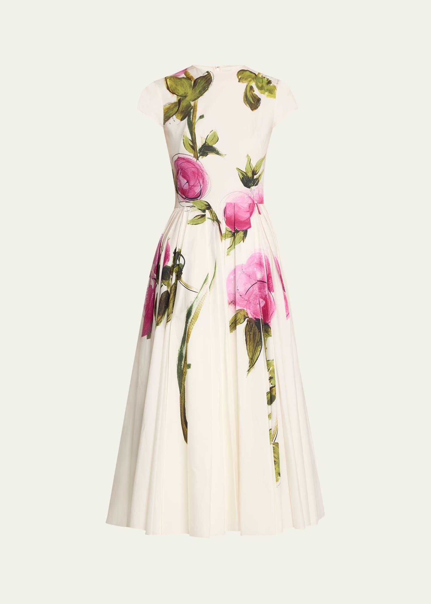 pleated painted roses poplin midi dress