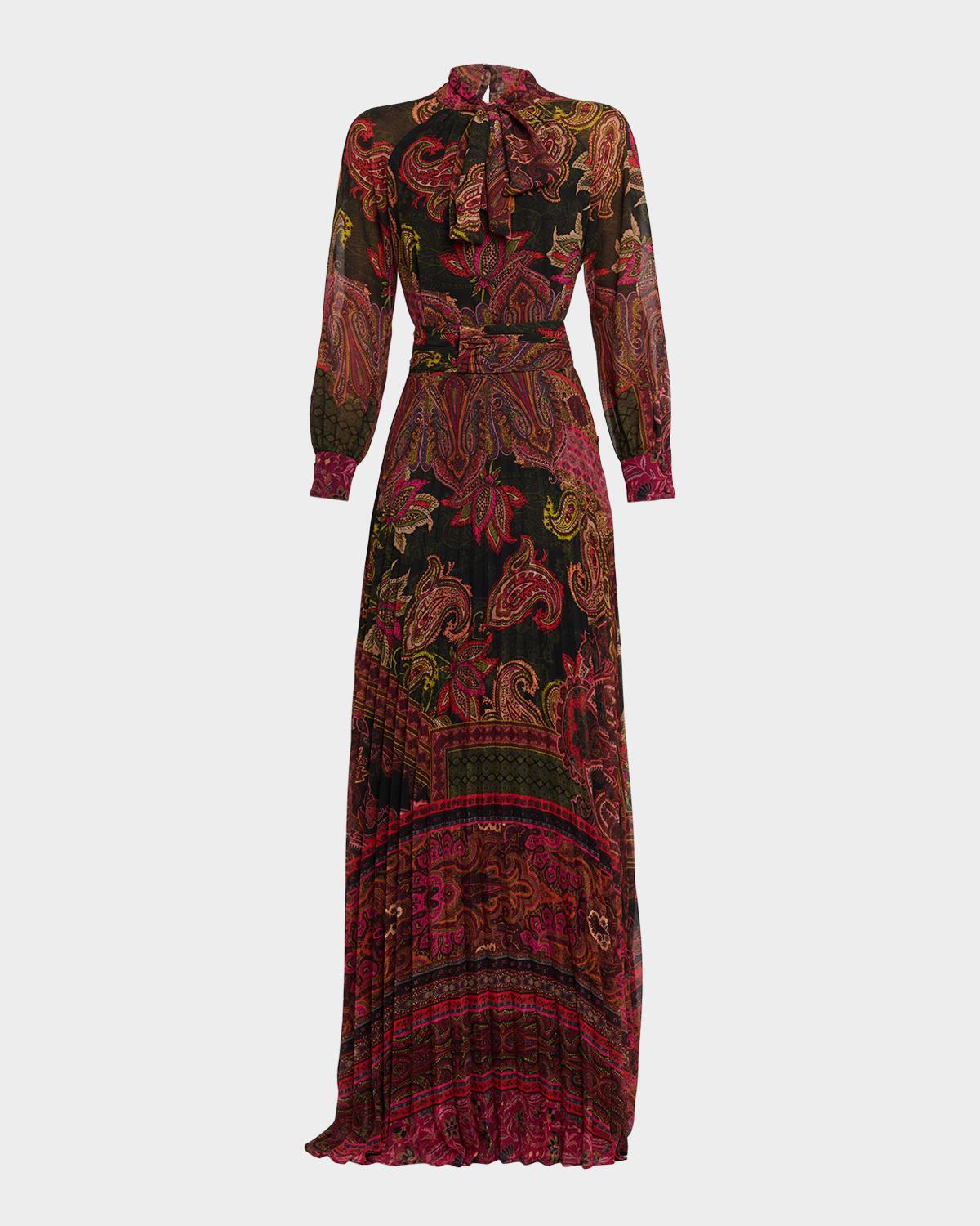 pleated paisley-print chiffon gown