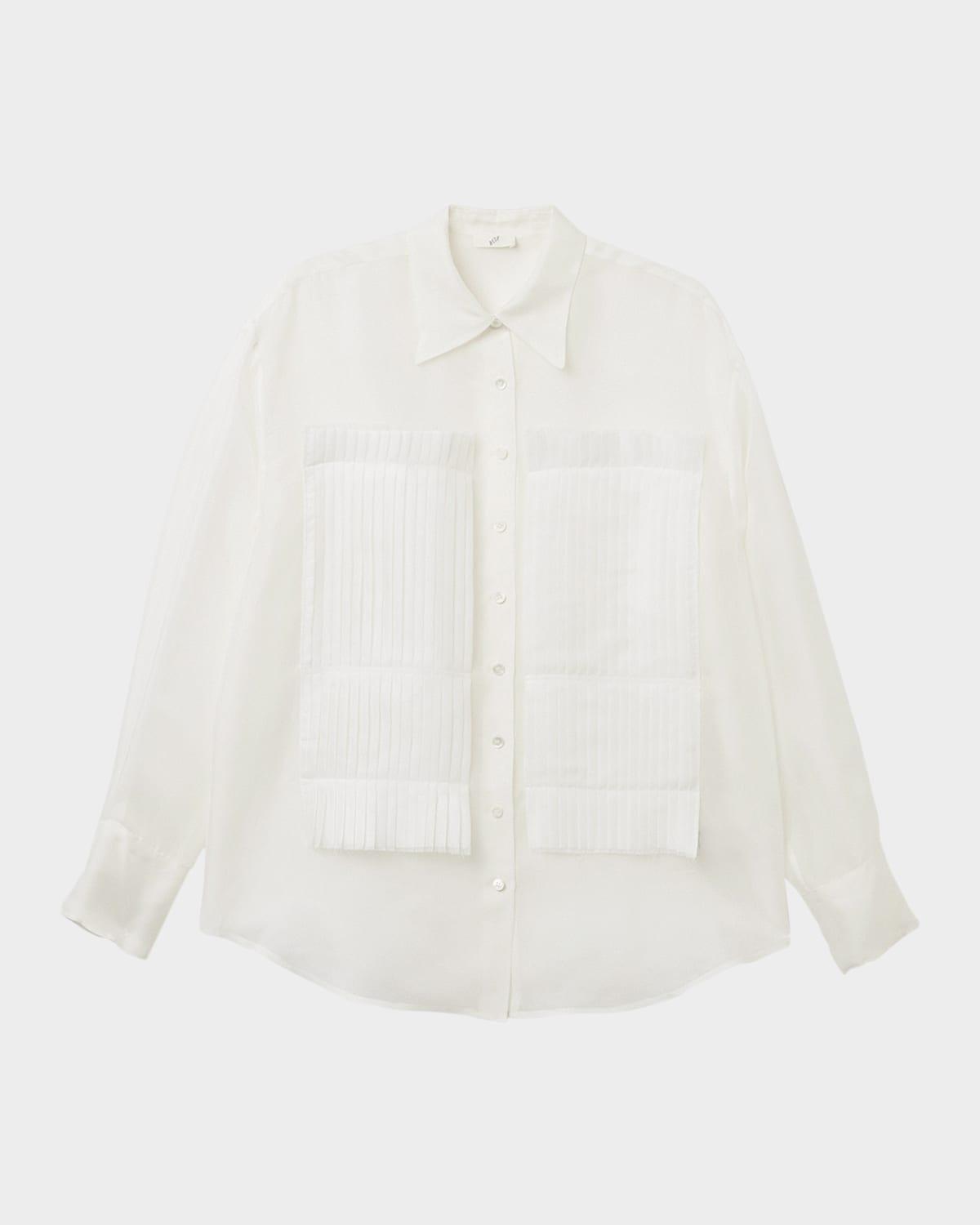 pleated-patch organic silk button-down shirt