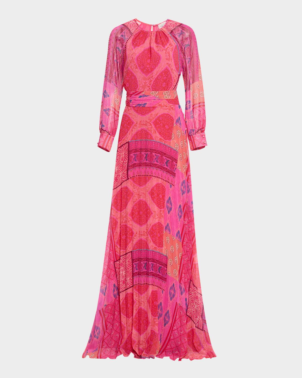 pleated patchwork-print chiffon maxi dress