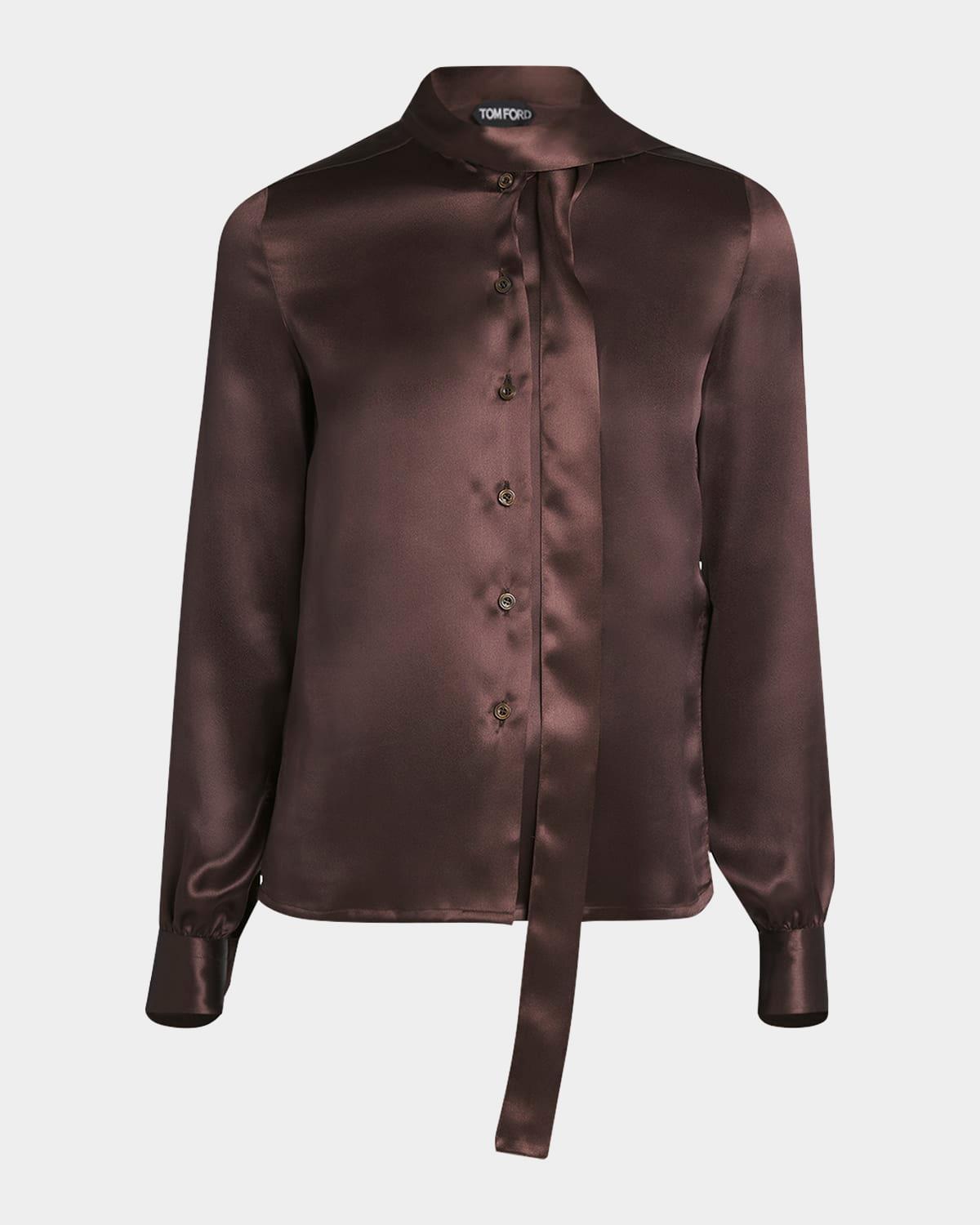 pleated-placket fluid silk charmeuse collared shirt