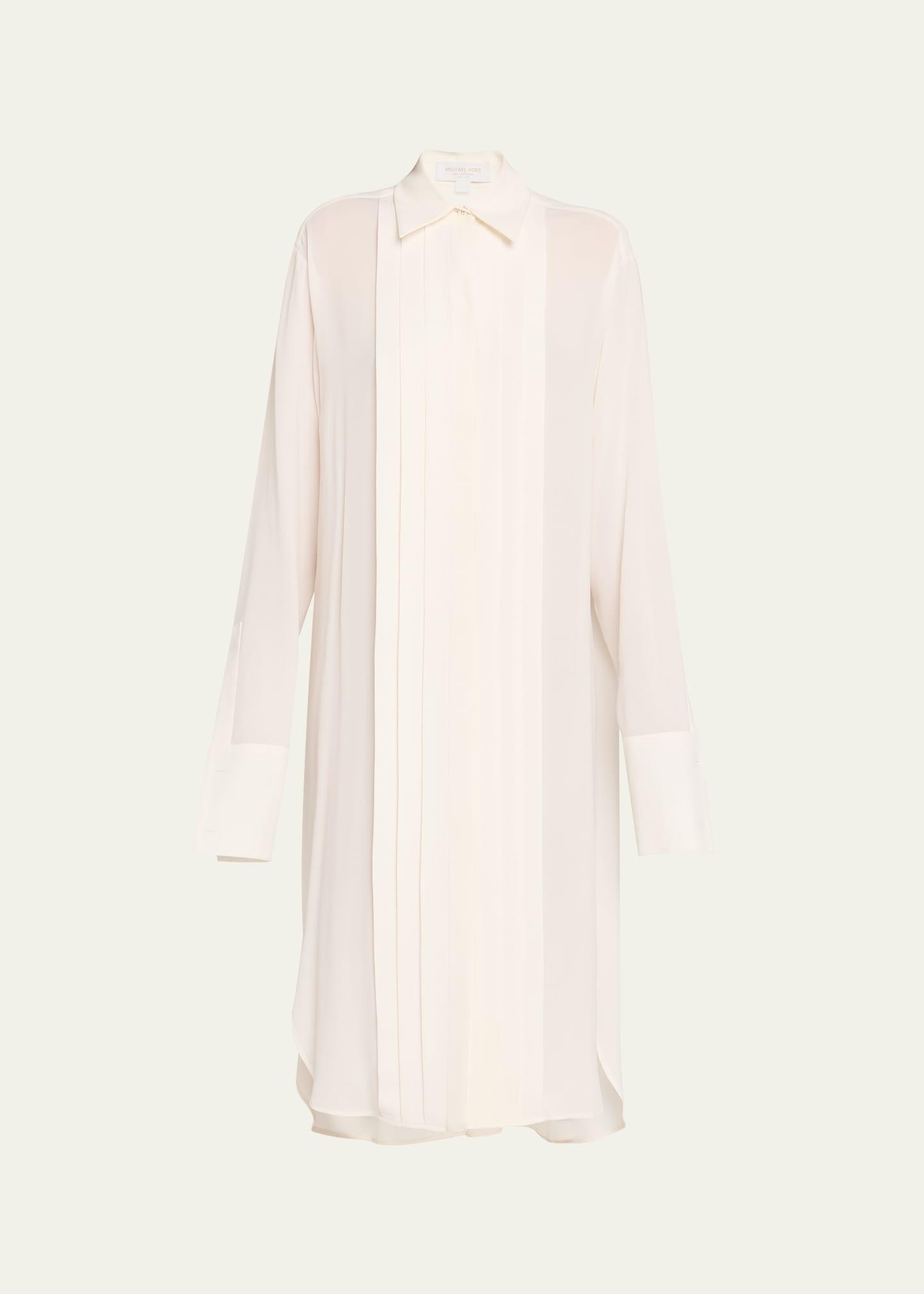 pleated placket silk georgette midi shirtdress