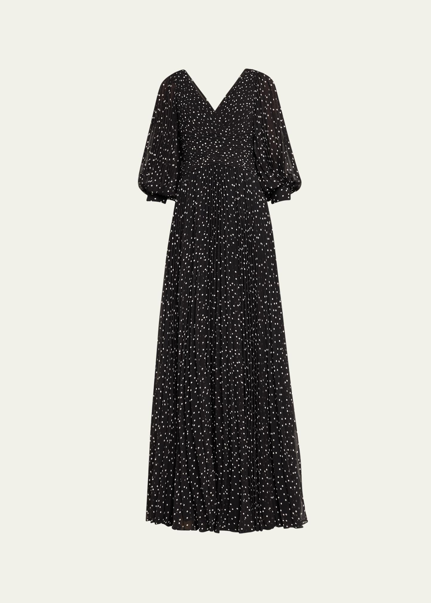 pleated polka dot chiffon gown