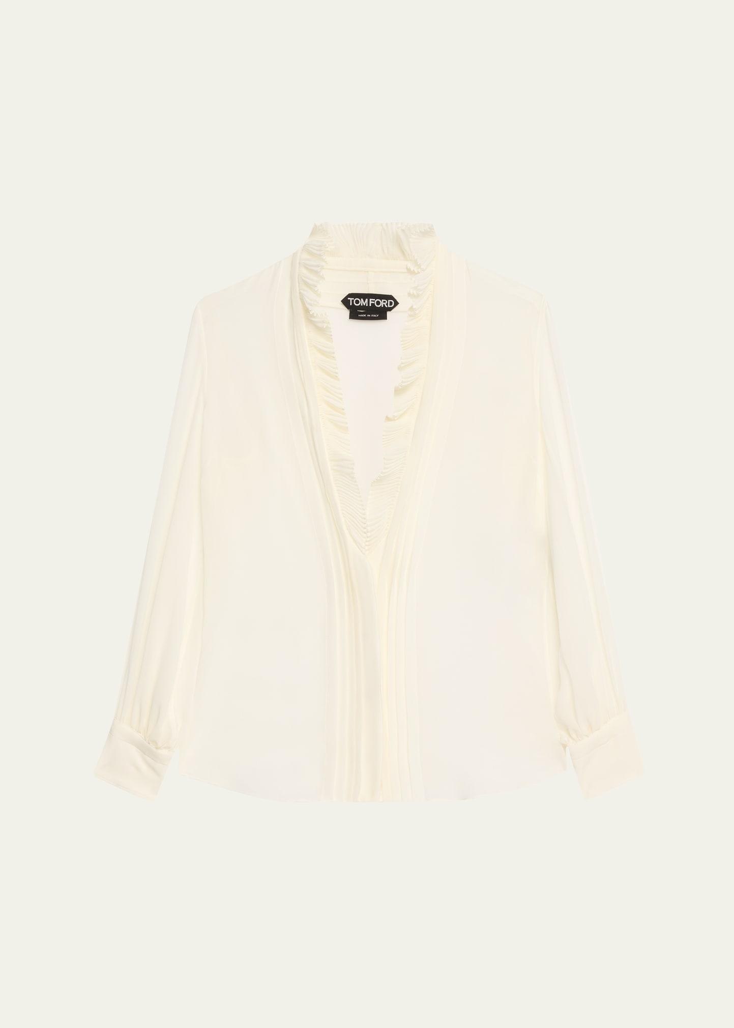 pleated puff sleeve blouse with ruffle trim