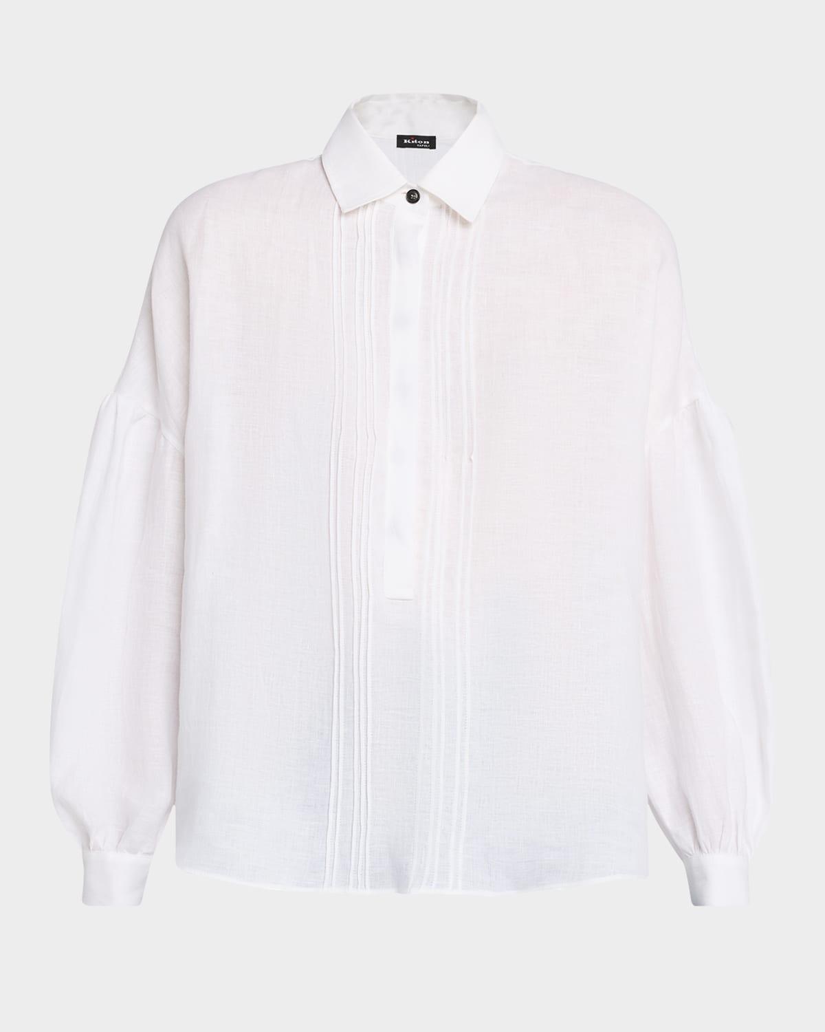 pleated puff-sleeve linen button-down shirt