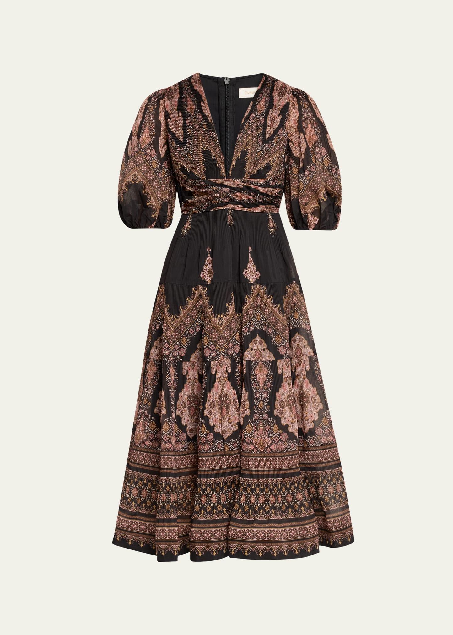 pleated puff-sleeve midi dress